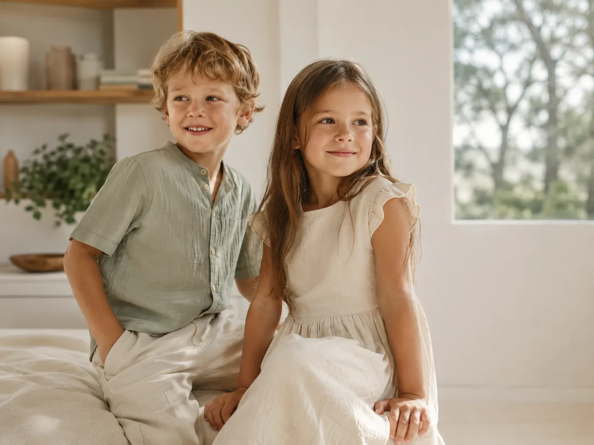 Premium kidswear lifestyle — children in soft neutral clothing in natural daylight
