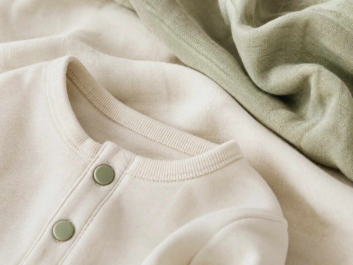 Organic cotton fabric texture — cream cardigan close-up with sage muslin