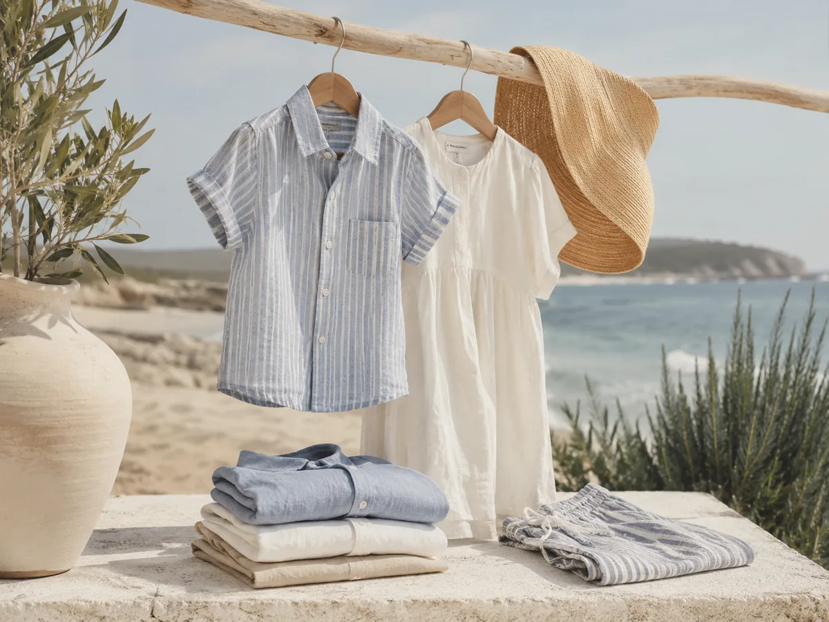 Linen resort wear hanging near the beach in coastal light