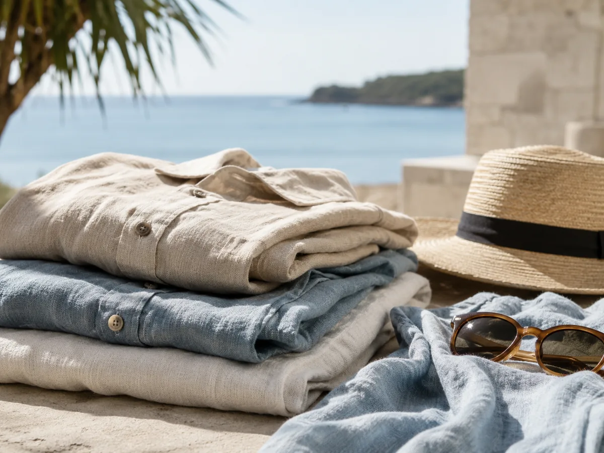 Coastal resort mood — linen stack with sun hat and sunglasses