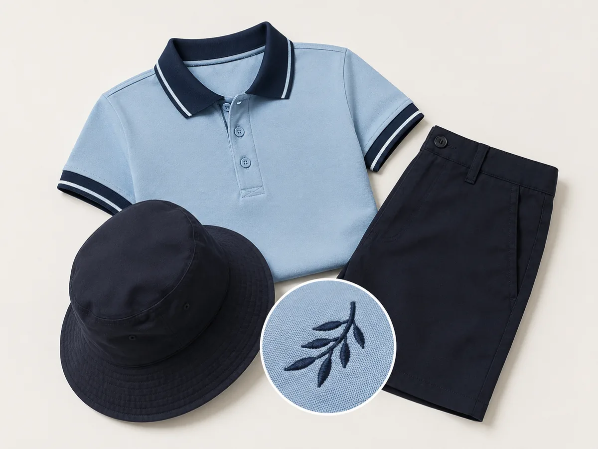 School uniform set — blue polo, navy shorts and bucket hat