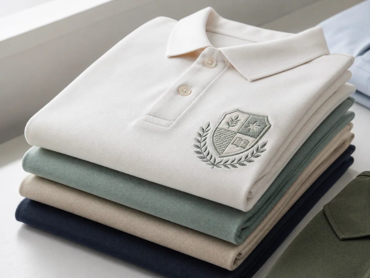 Folded school polos with crest embroidery detail